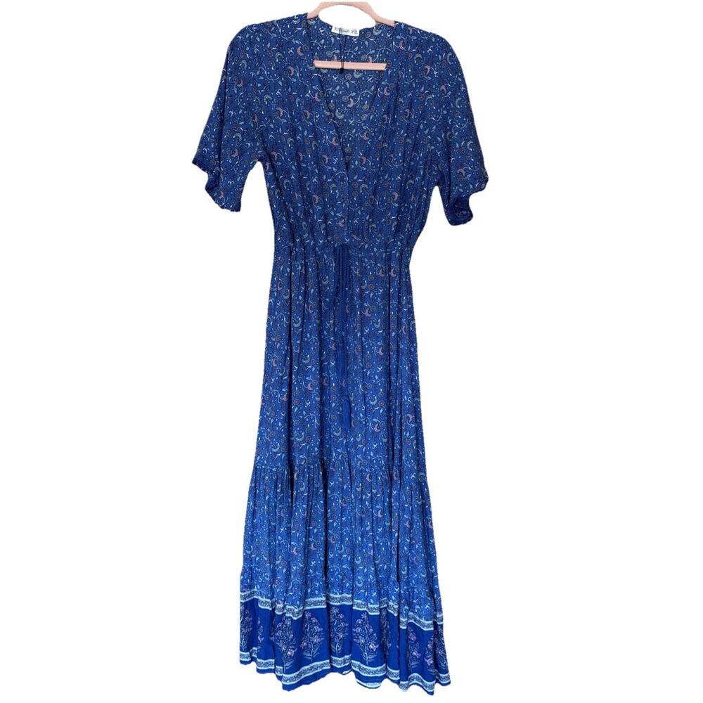 R. Vivimos Blue Floral Boho Maxi Dress Short Sleeve Tassel Tiered Romanic M
